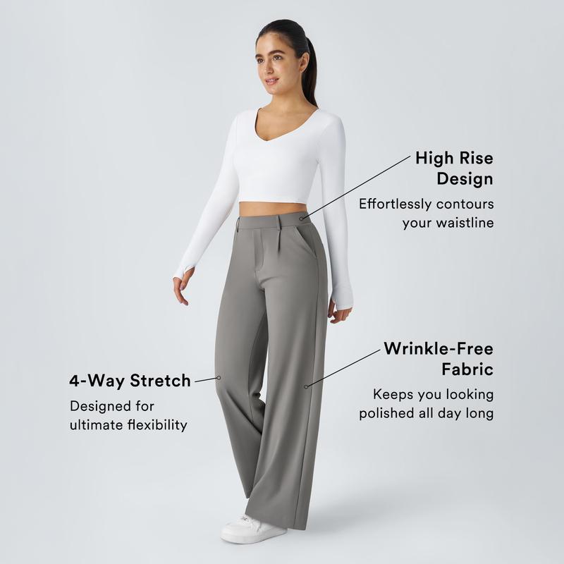Flex High Waisted Plicated Side Pocket Straight Leg Work Pants
