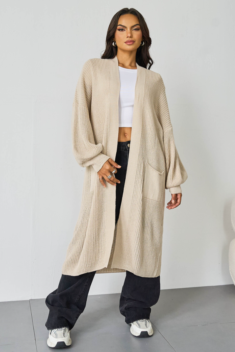Puff-Sleeve Knit Cardigan – Open Front, Side Pockets