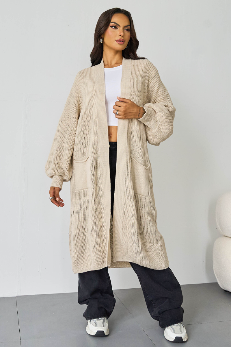 Puff-Sleeve Knit Cardigan – Open Front, Side Pockets