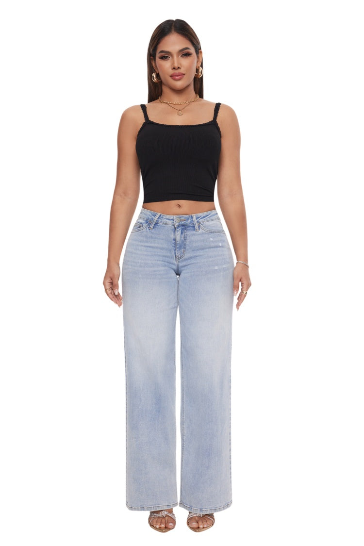 Mid-Low Rise Baggy Wide-Leg Jeans – Stretch Denim