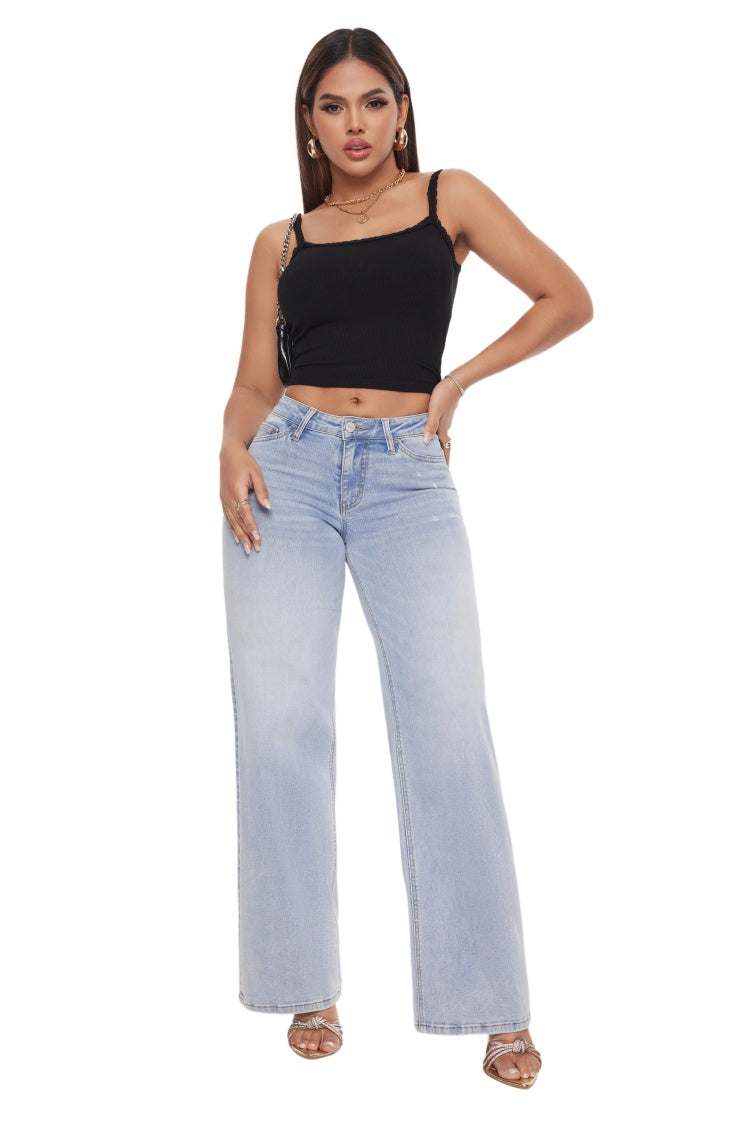 Mid-Low Rise Baggy Wide-Leg Jeans – Stretch Denim
