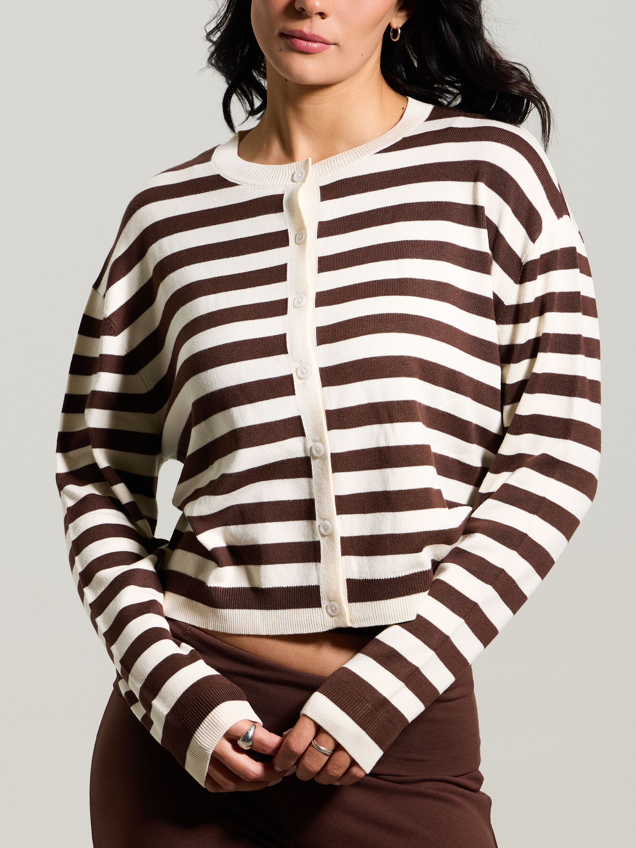 Striped Knit Cardigan – Cropped Buttoned Fit