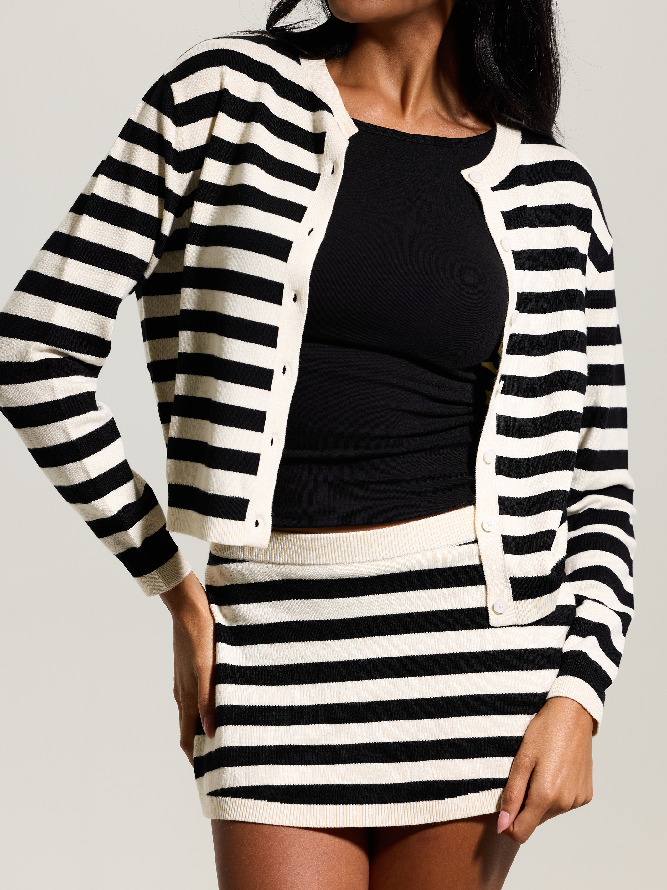 Striped Knit Cardigan – Cropped Buttoned Fit