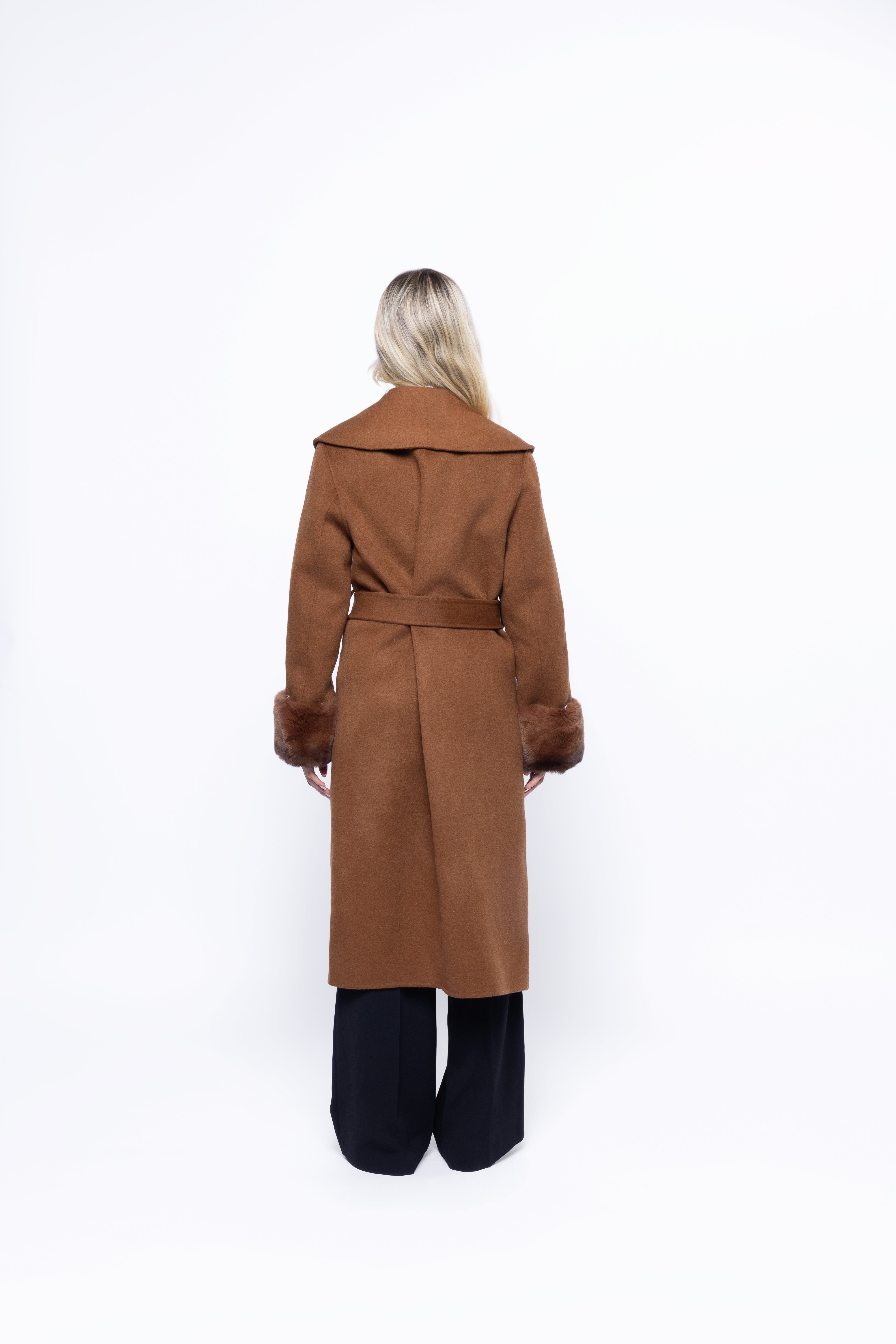 Aurelia Wool-Blend Coat – Fur Cuffs, Belted Longline Warmth (Chocolat)