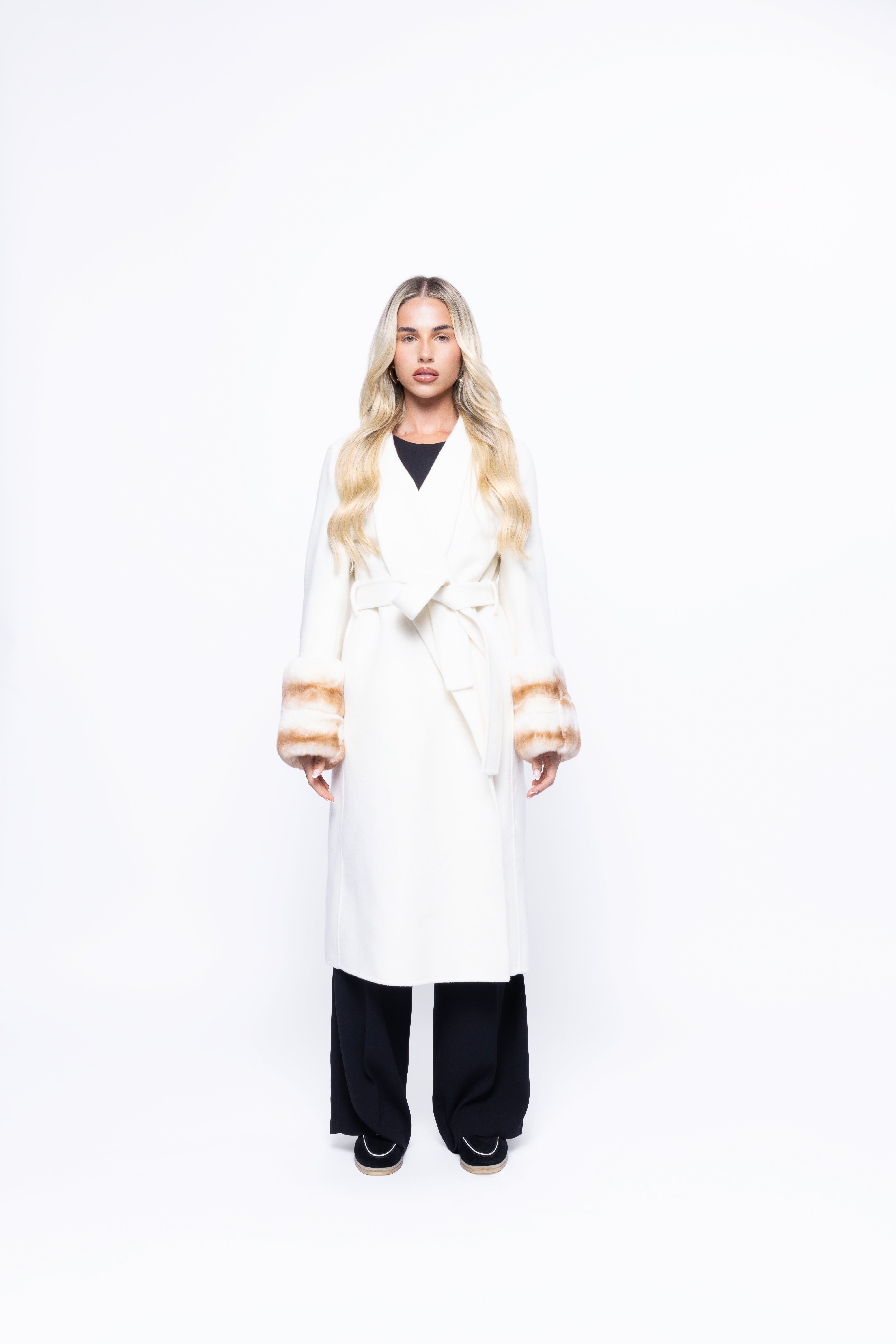 Aurelia Wool Coat with Fur Cuffs – Longline, Belted Warmth (White)
