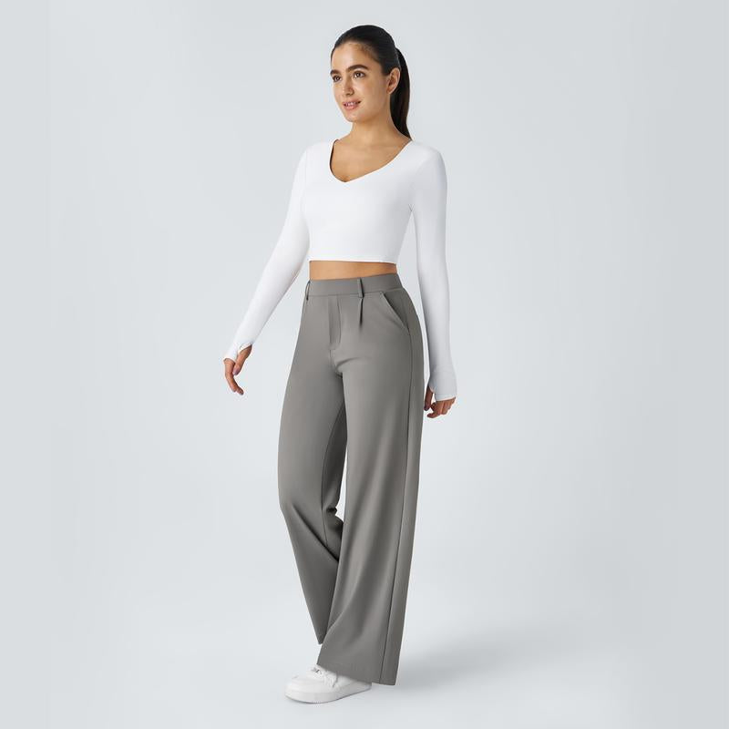 Flex High Waisted Plicated Side Pocket Straight Leg Work Pants