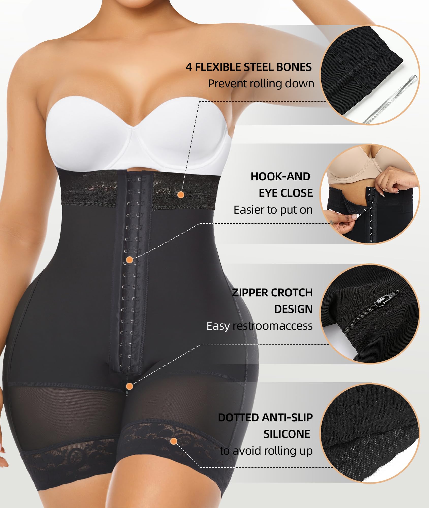 YIANNA Tummy Control Shapewear for Women Fajas Colombianas Body Shaper Shorts with Zipper Crotch