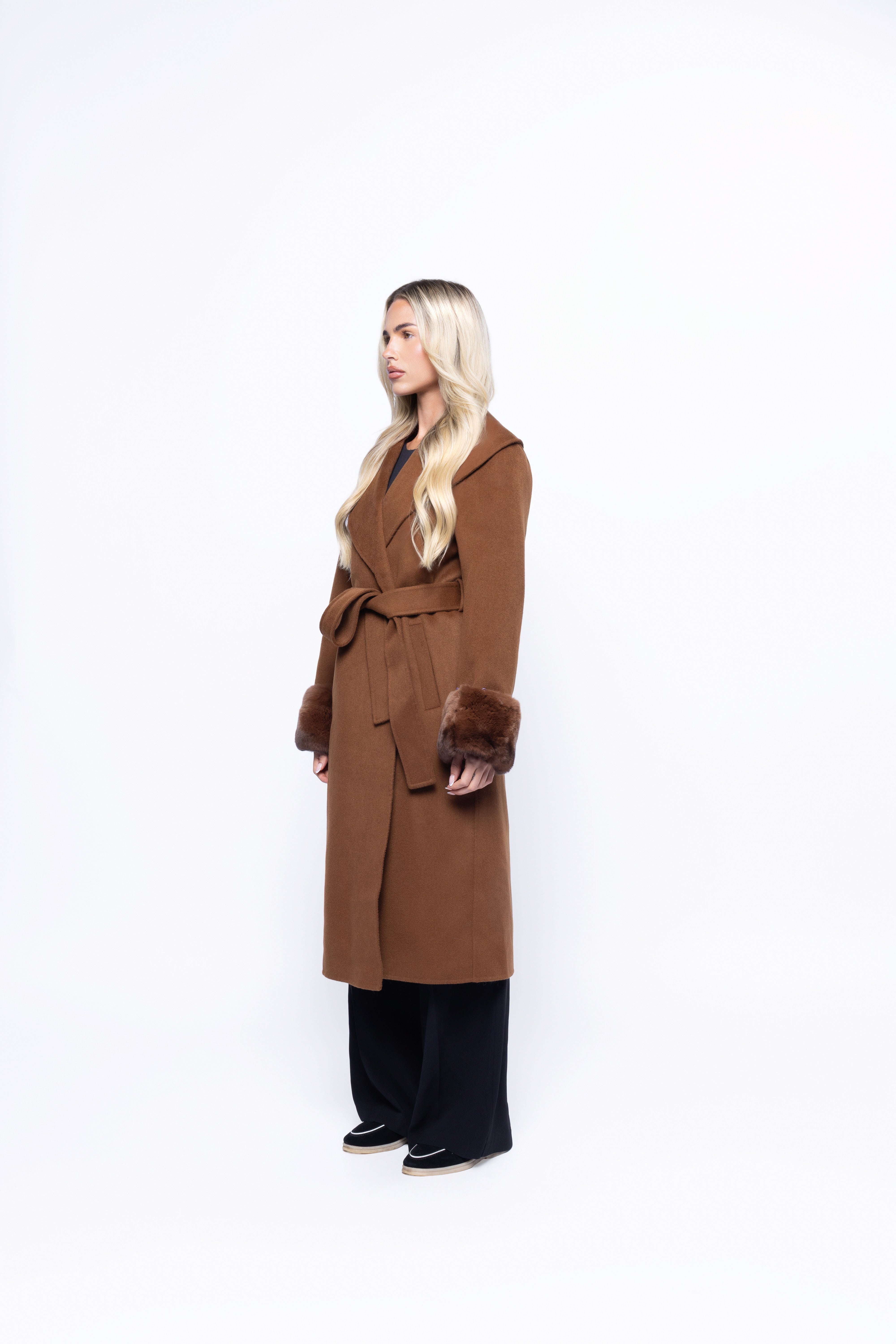 Aurelia Wool-Blend Coat – Fur Cuffs, Belted Longline Warmth (Chocolat)