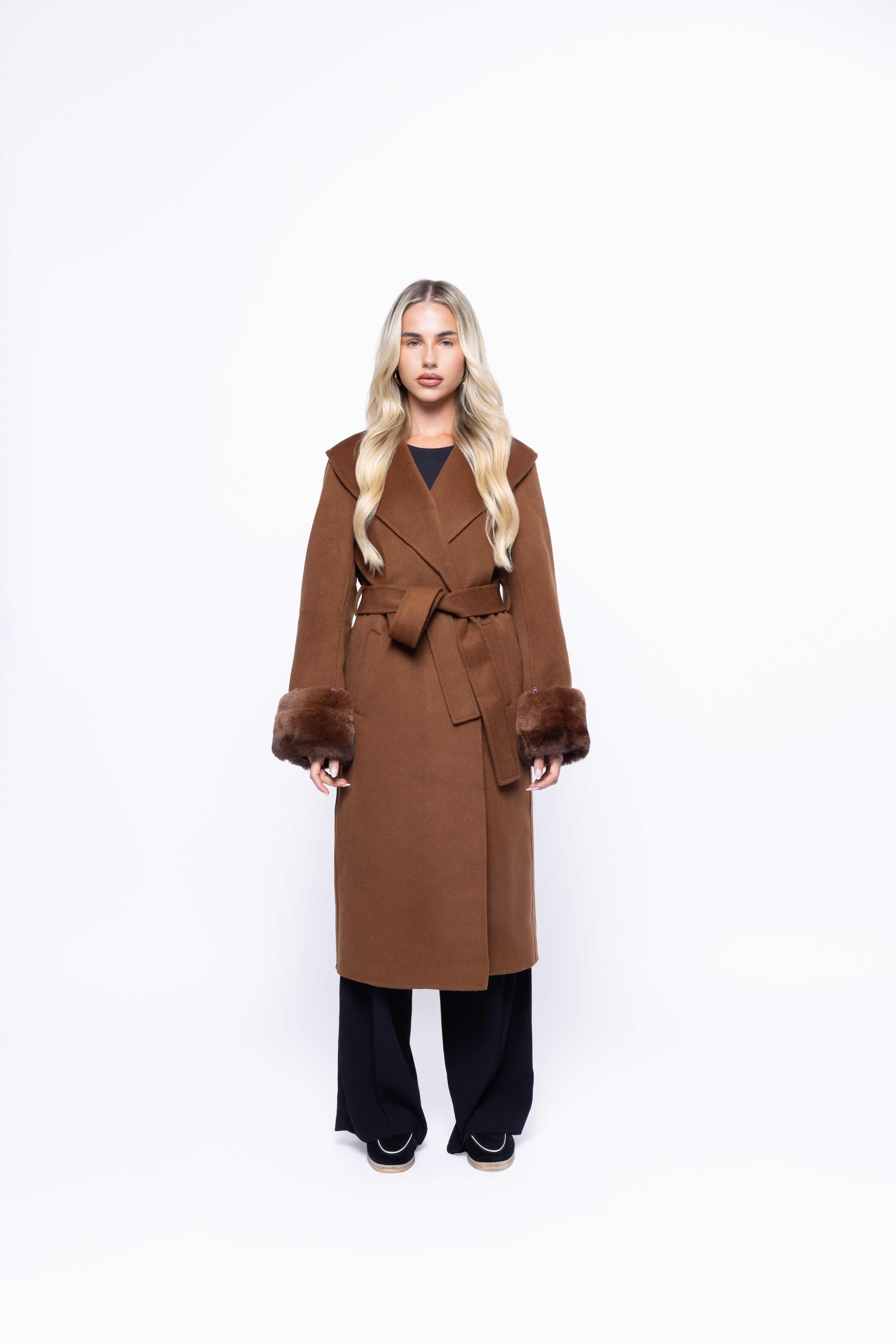 Aurelia Wool-Blend Coat – Fur Cuffs, Belted Longline Warmth (Chocolat)