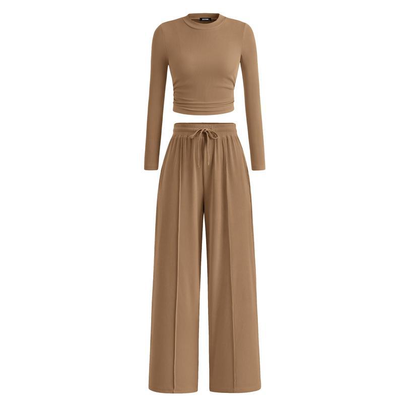 Matching Lounge Set β Long-Sleeve Crop & Wide-Leg Pants