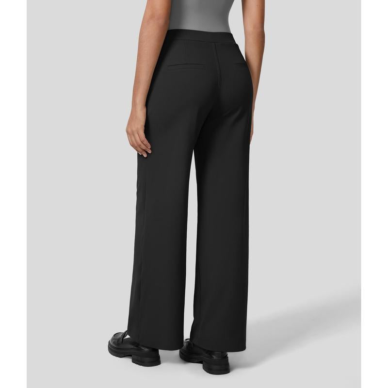 Flex High Waisted Plicated Side Pocket Straight Leg Work Pants