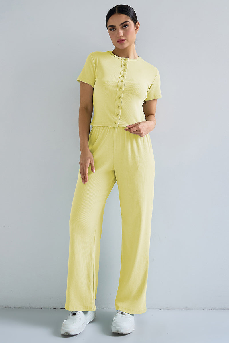 Short-Sleeve Button Top & Wide-Leg Trousers Set - Clean Minimal