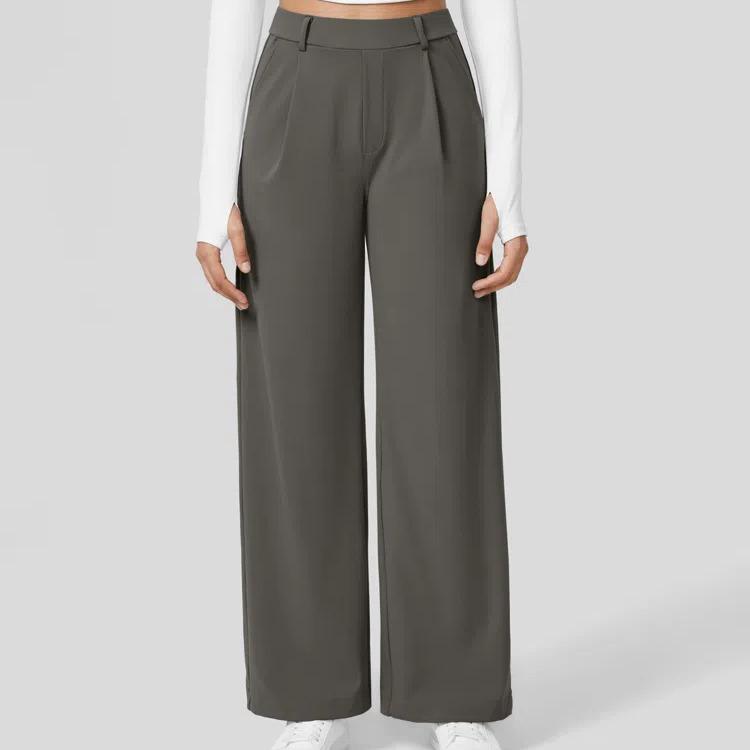 Flex High Waisted Plicated Side Pocket Straight Leg Work Pants