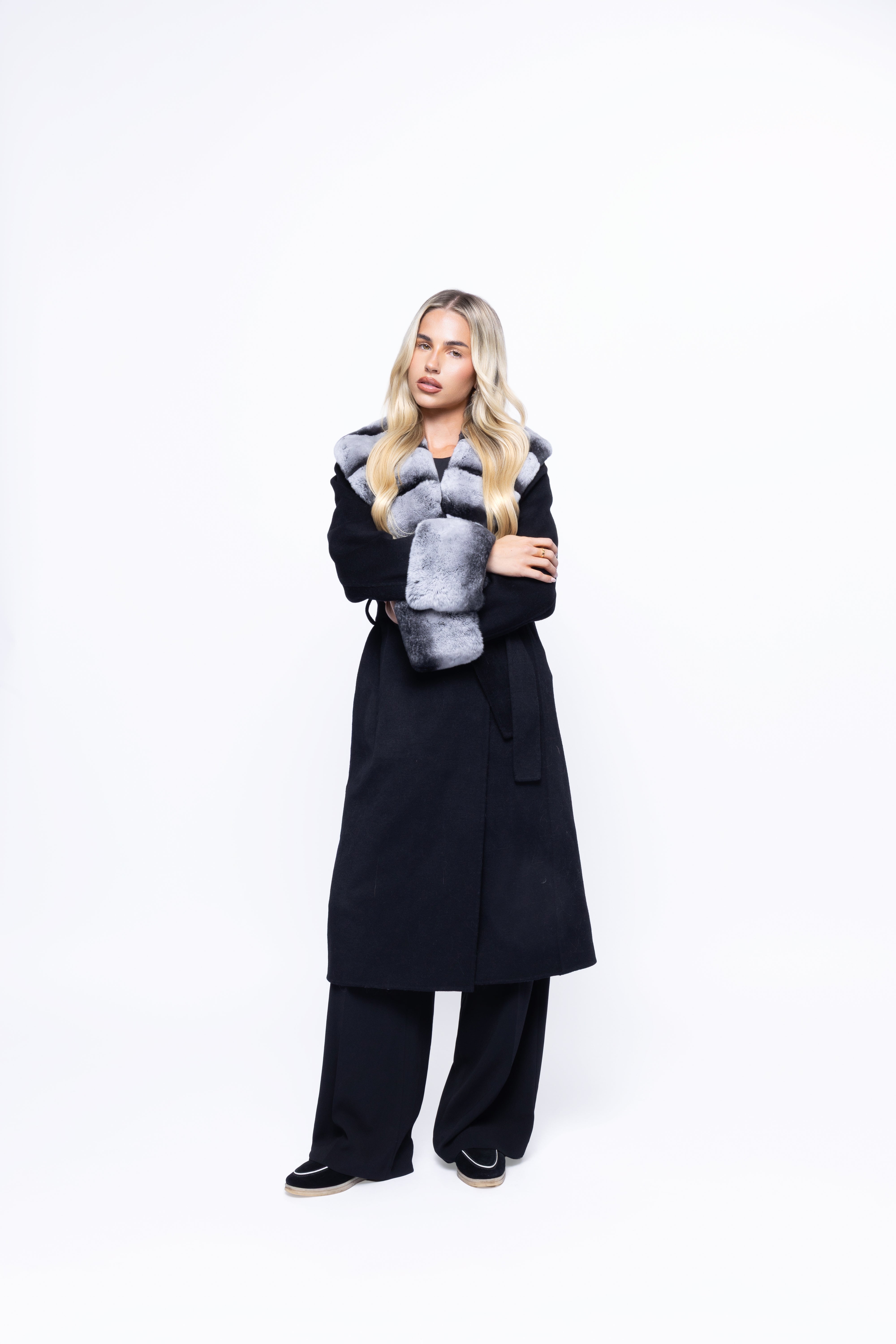 Aurelia Wool Coat – Faux Fur Collar & Belted Wrap (Jet Black)