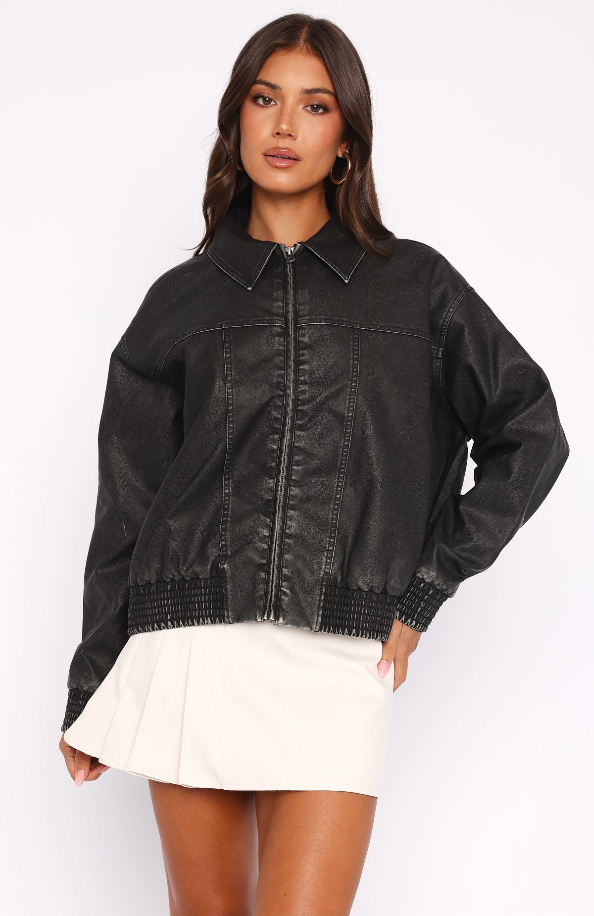 Make Things Right PU Bomber Jacket Washed Black