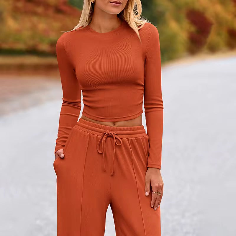 Matching Lounge Set β Long-Sleeve Crop & Wide-Leg Pants