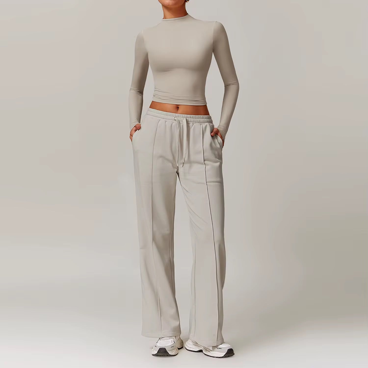 Matching Lounge Set – Long-Sleeve Crop & Wide-Leg Pants