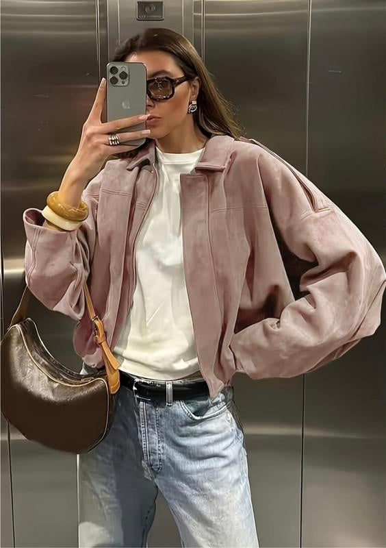 Vintage Oversized Suede Bomber Jacket - Relaxed Zip Fit
