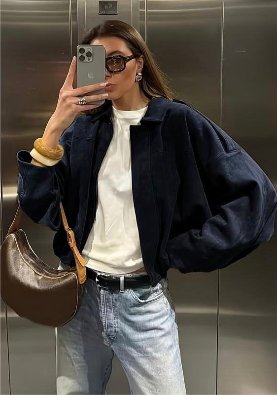 Vintage Oversized Suede Bomber Jacket - Relaxed Zip Fit