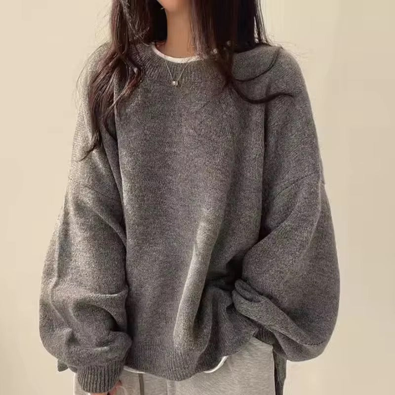 Round Neck Knit Sweater – Long Sleeve Split Hem