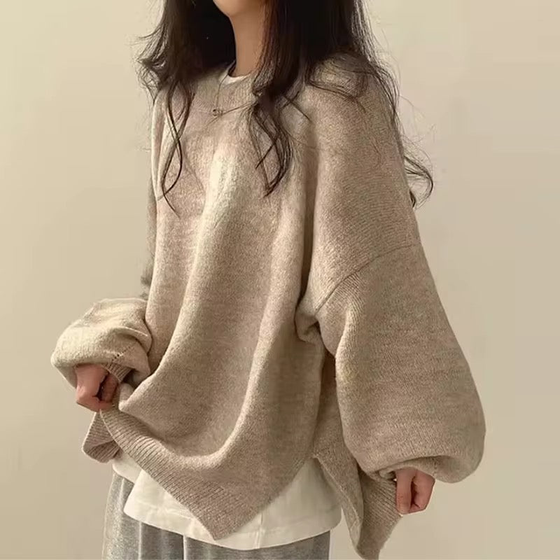 Round Neck Knit Sweater – Long Sleeve Split Hem