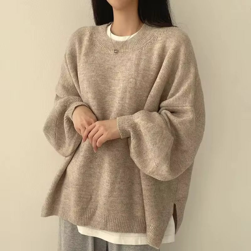 Round Neck Knit Sweater – Long Sleeve Split Hem