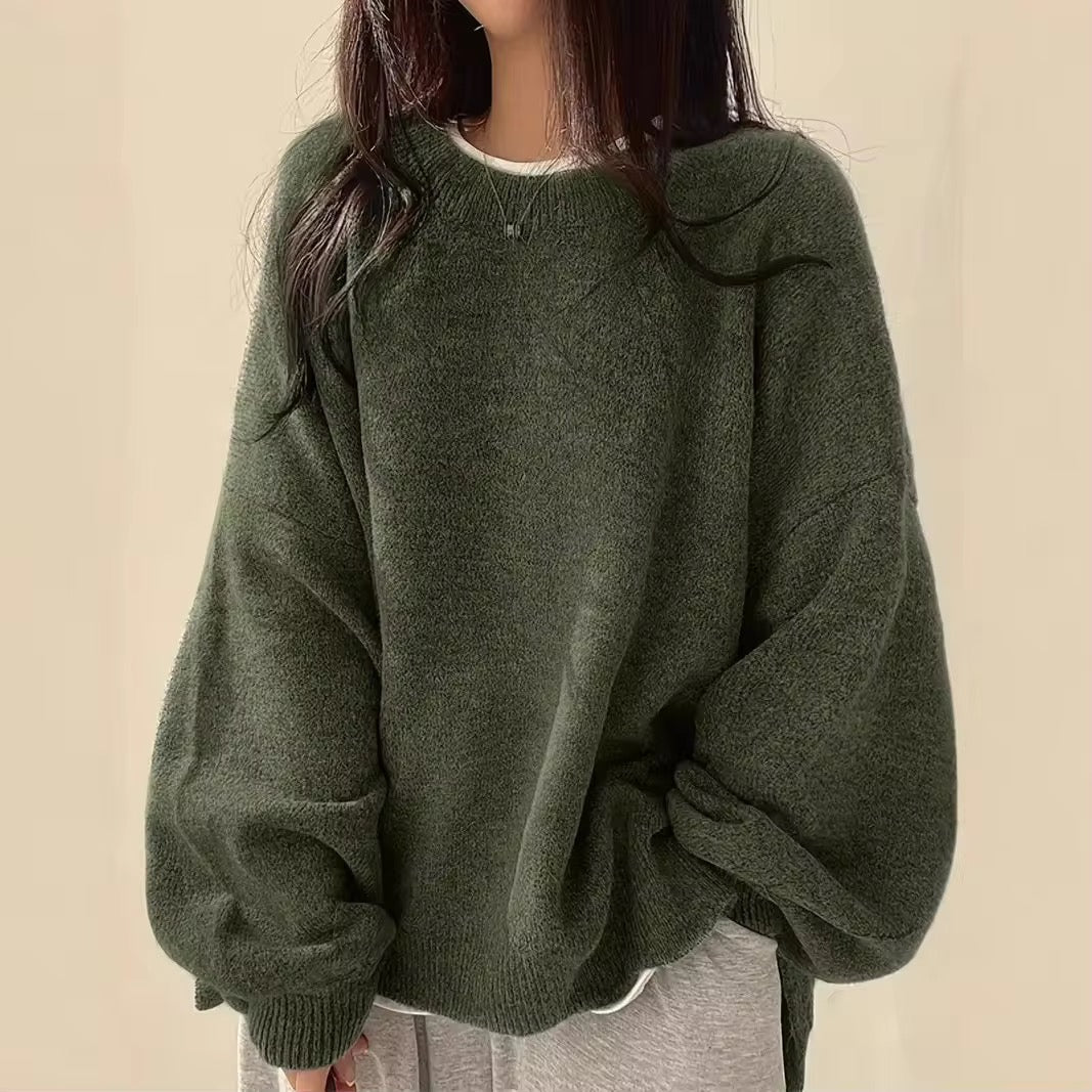 Round Neck Knit Sweater – Long Sleeve Split Hem