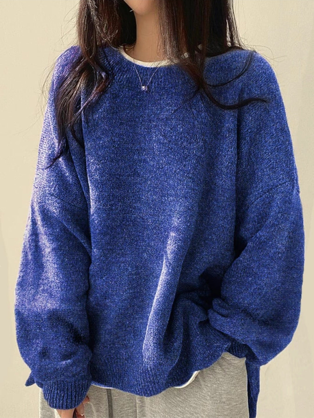 Round Neck Knit Sweater – Long Sleeve Split Hem