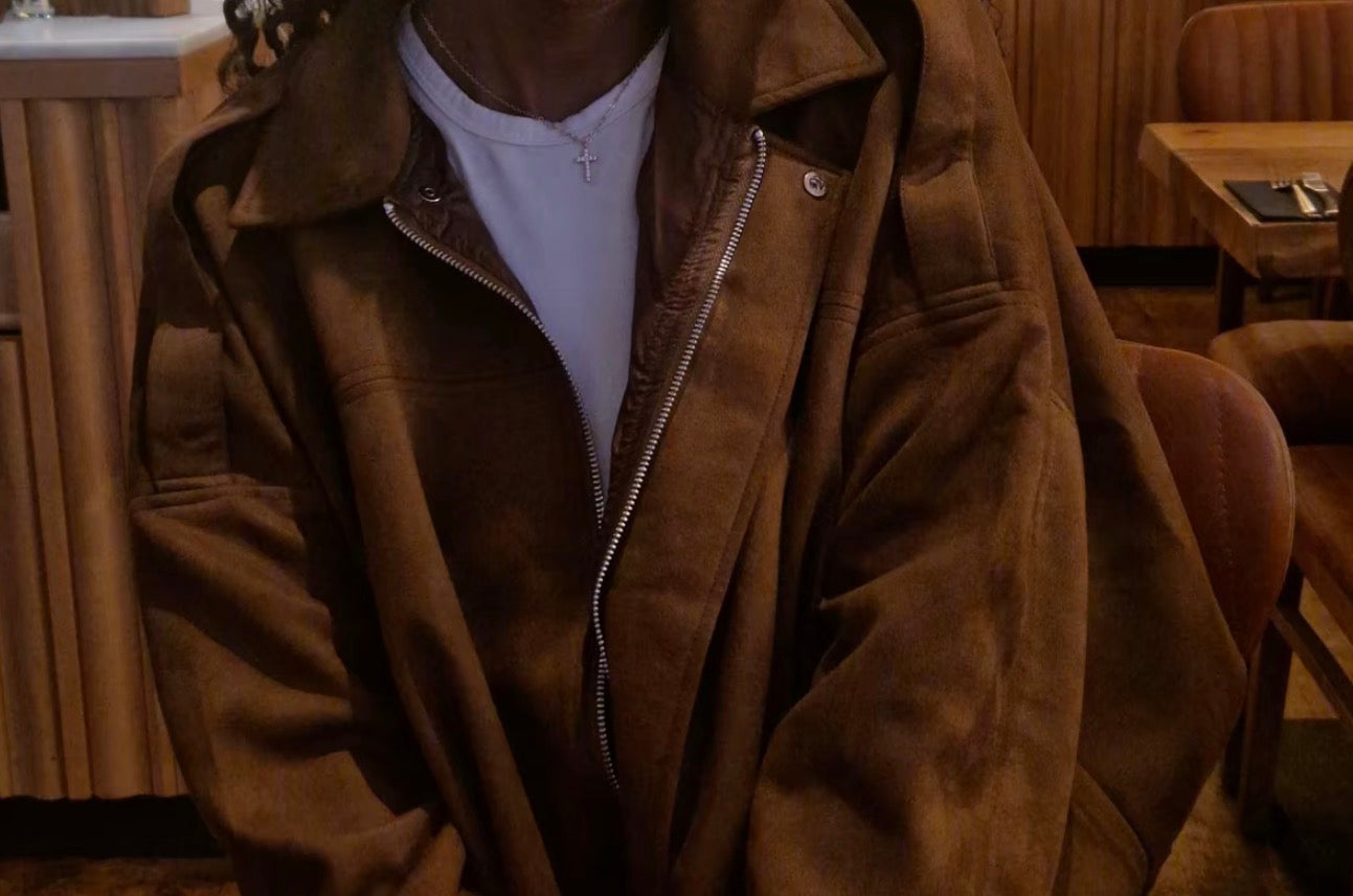 PHOTO Vintage Oversized Suede Bomber Jacket - Relaxed Zip Fit