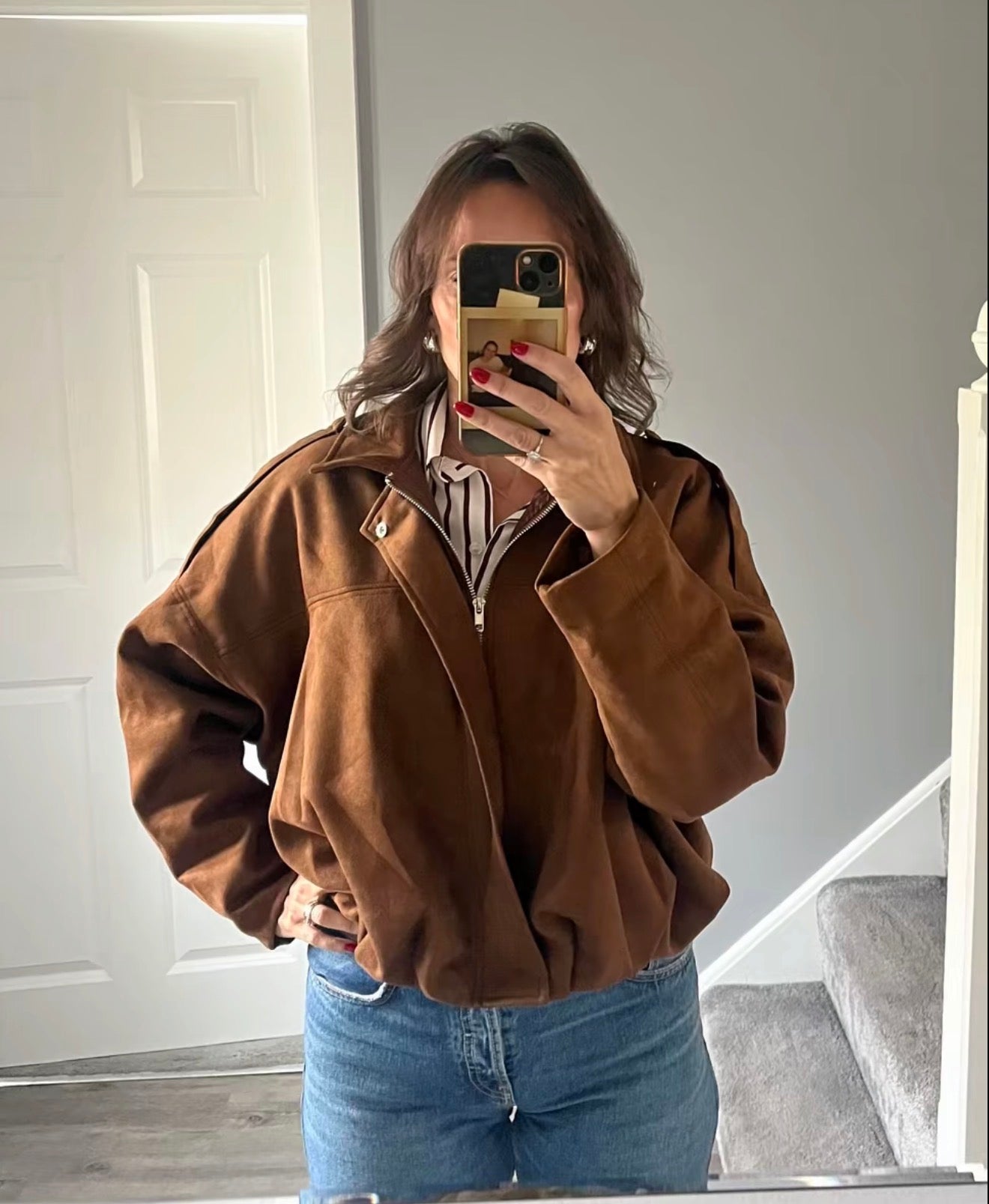 PHOTO Vintage Oversized Suede Bomber Jacket - Relaxed Zip Fit