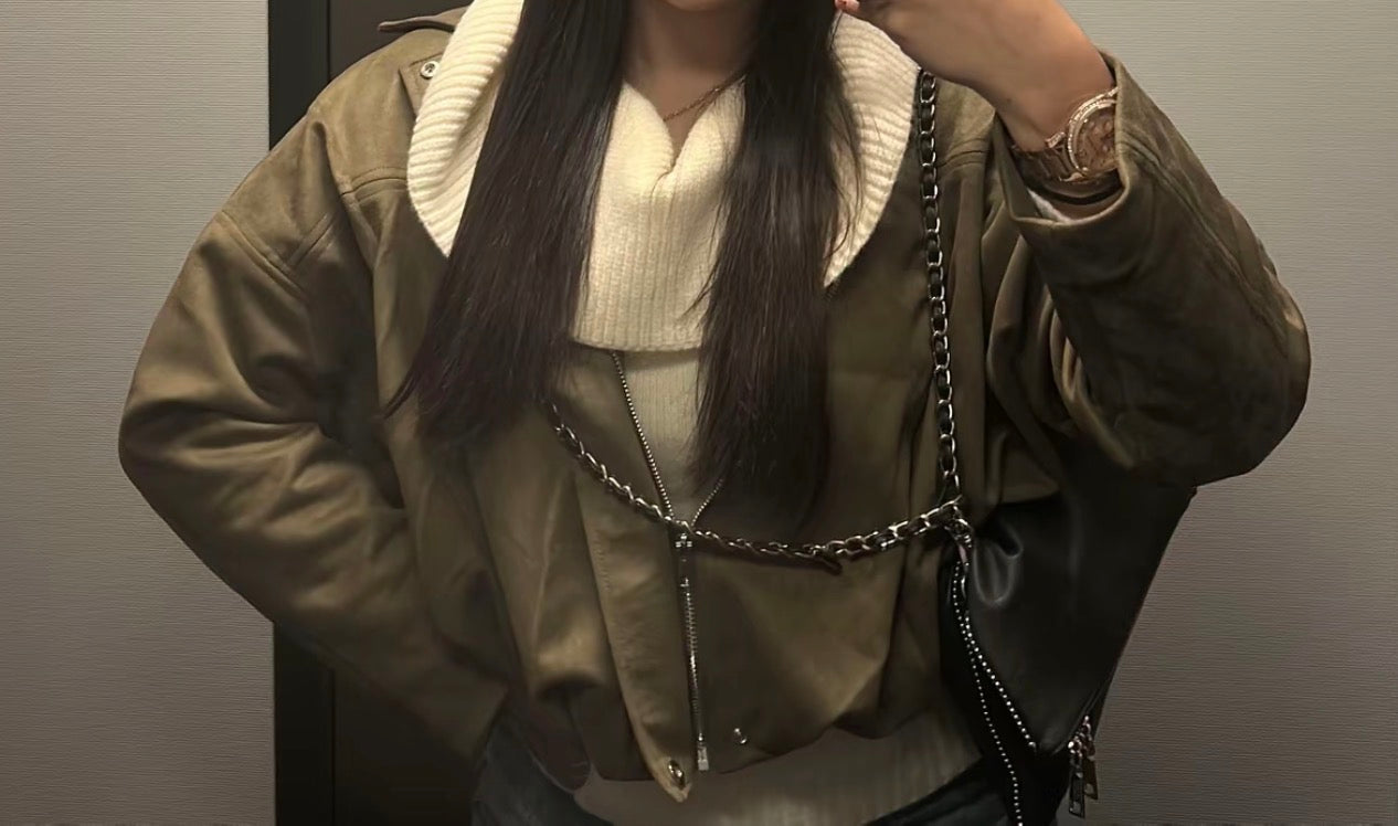 PHOTO Vintage Oversized Suede Bomber Jacket - Relaxed Zip Fit