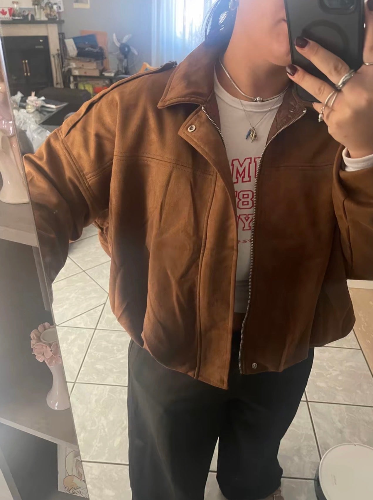 PHOTO Vintage Oversized Suede Bomber Jacket - Relaxed Zip Fit