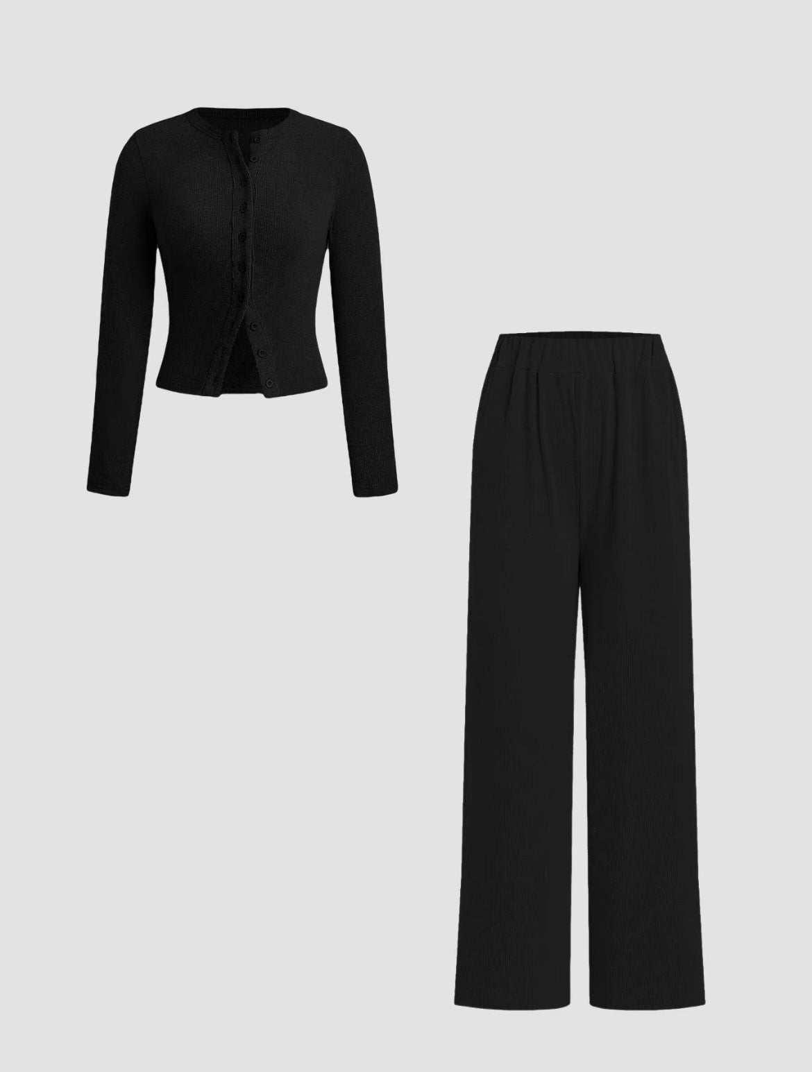 Two-piece Set Women's Solid Button Front Ribbed Crop Top & Elastic Waist Pants, Casual Long Sleeve Round Neck Top & Trousers 2 Piece Set for Spring & Fall, Women's Clothes for Daily Wear