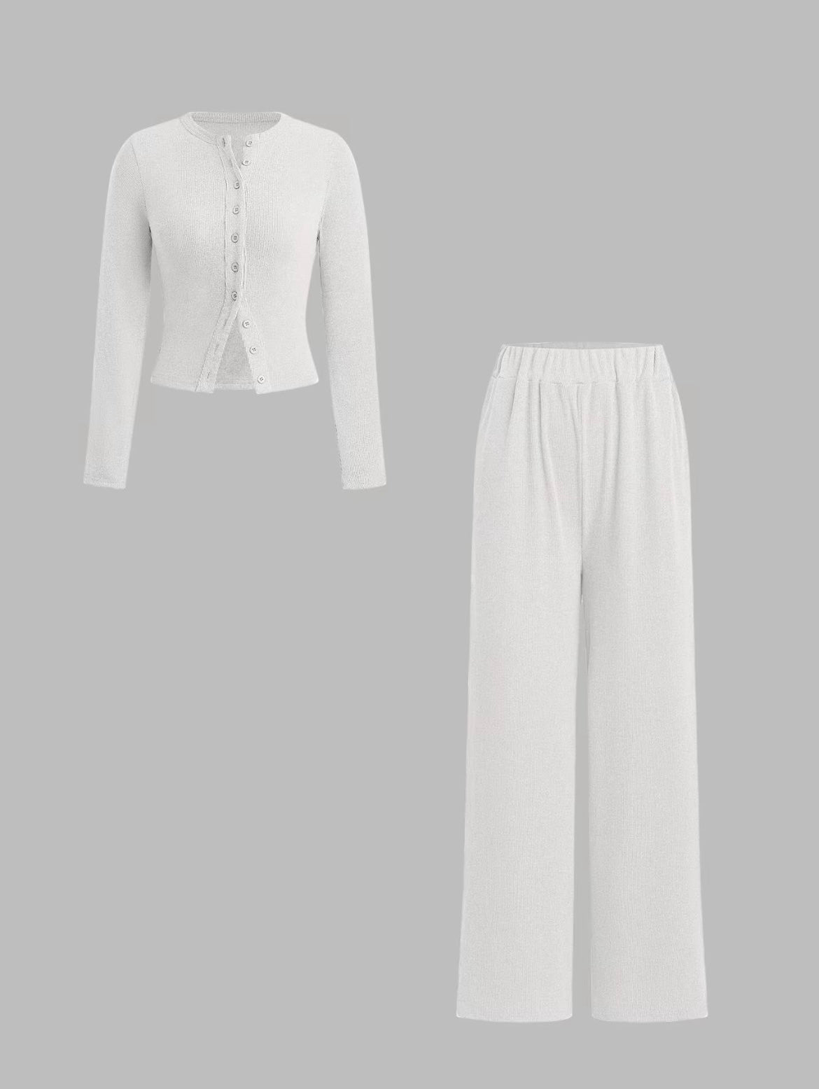 Two-piece Set Women's Solid Button Front Ribbed Crop Top & Elastic Waist Pants, Casual Long Sleeve Round Neck Top & Trousers 2 Piece Set for Spring & Fall, Women's Clothes for Daily Wear