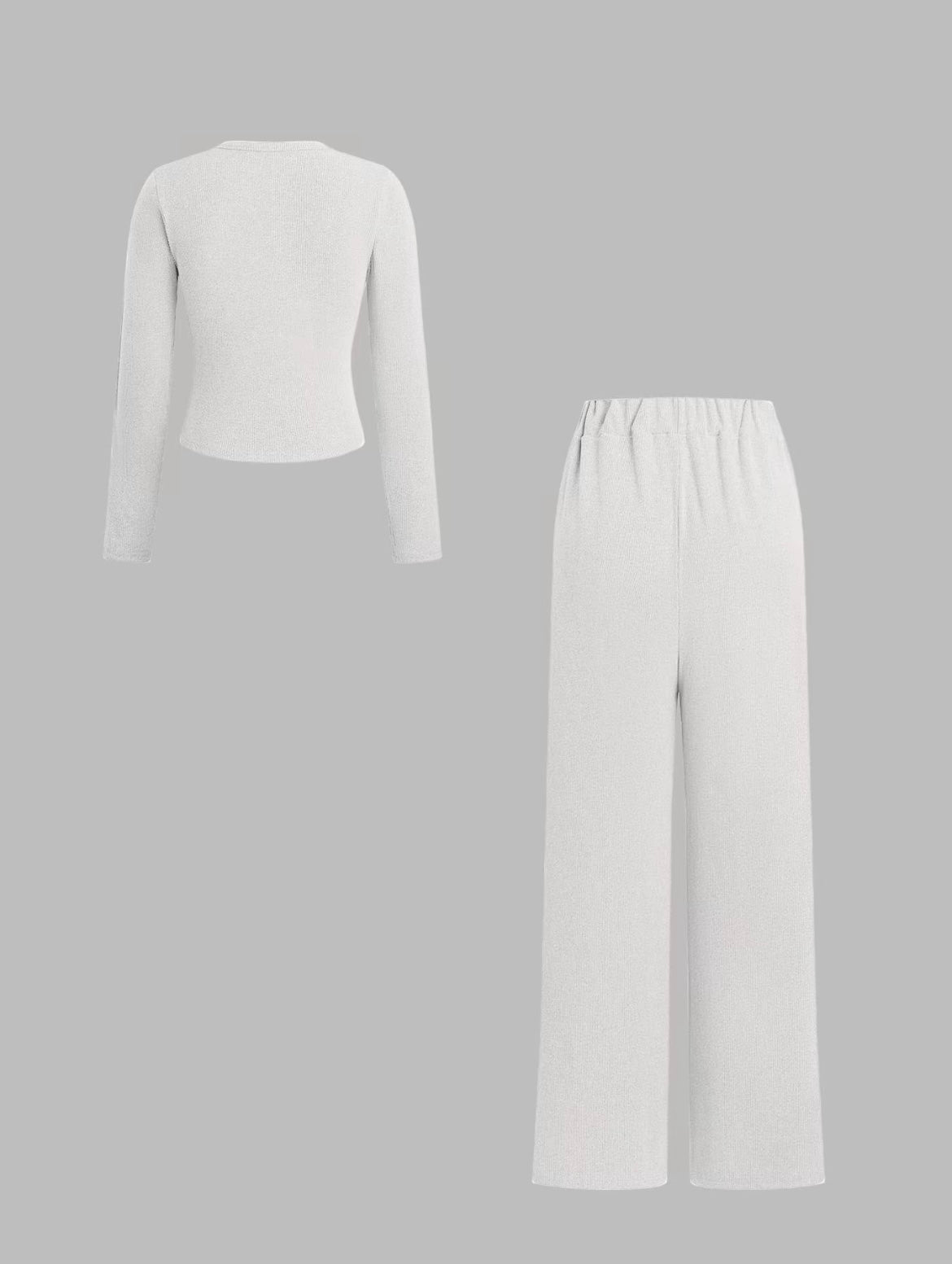 Two-piece Set Women's Solid Button Front Ribbed Crop Top & Elastic Waist Pants, Casual Long Sleeve Round Neck Top & Trousers 2 Piece Set for Spring & Fall, Women's Clothes for Daily Wear