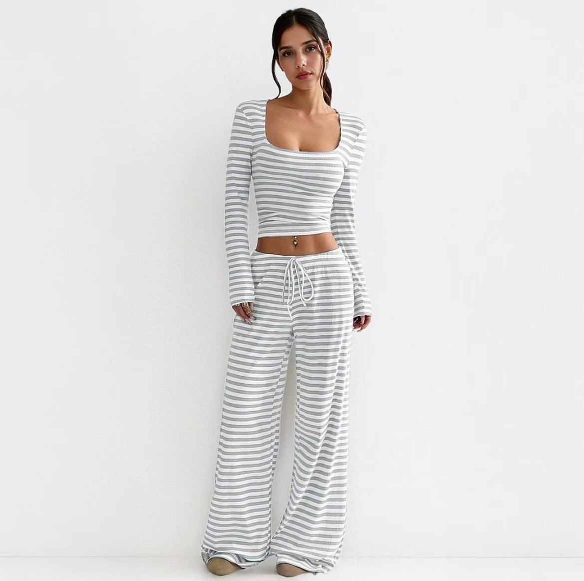 Two-Piece Stripe Set – Square-Neck Crop & Drawstring Wide-Leg Pants