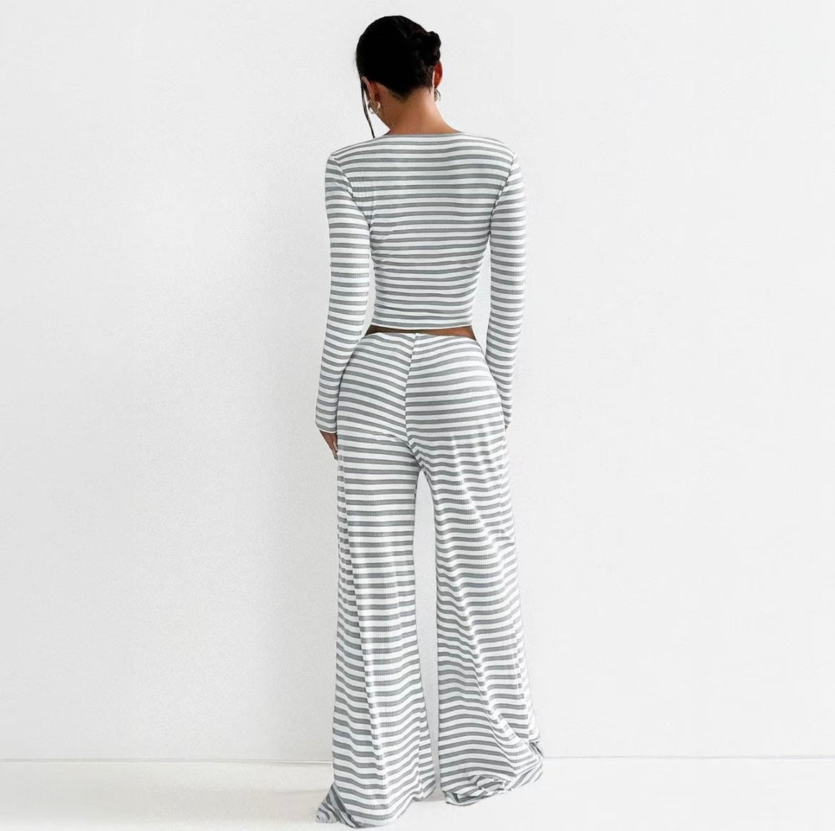 Two-Piece Stripe Set – Square-Neck Crop & Drawstring Wide-Leg Pants