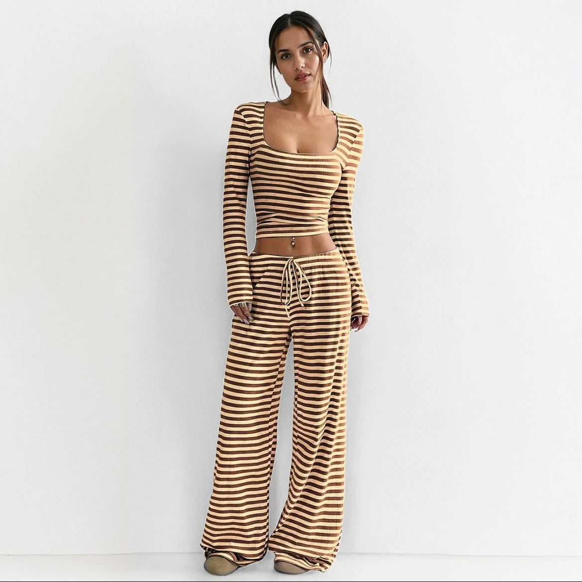 Two-Piece Stripe Set – Square-Neck Crop & Drawstring Wide-Leg Pants