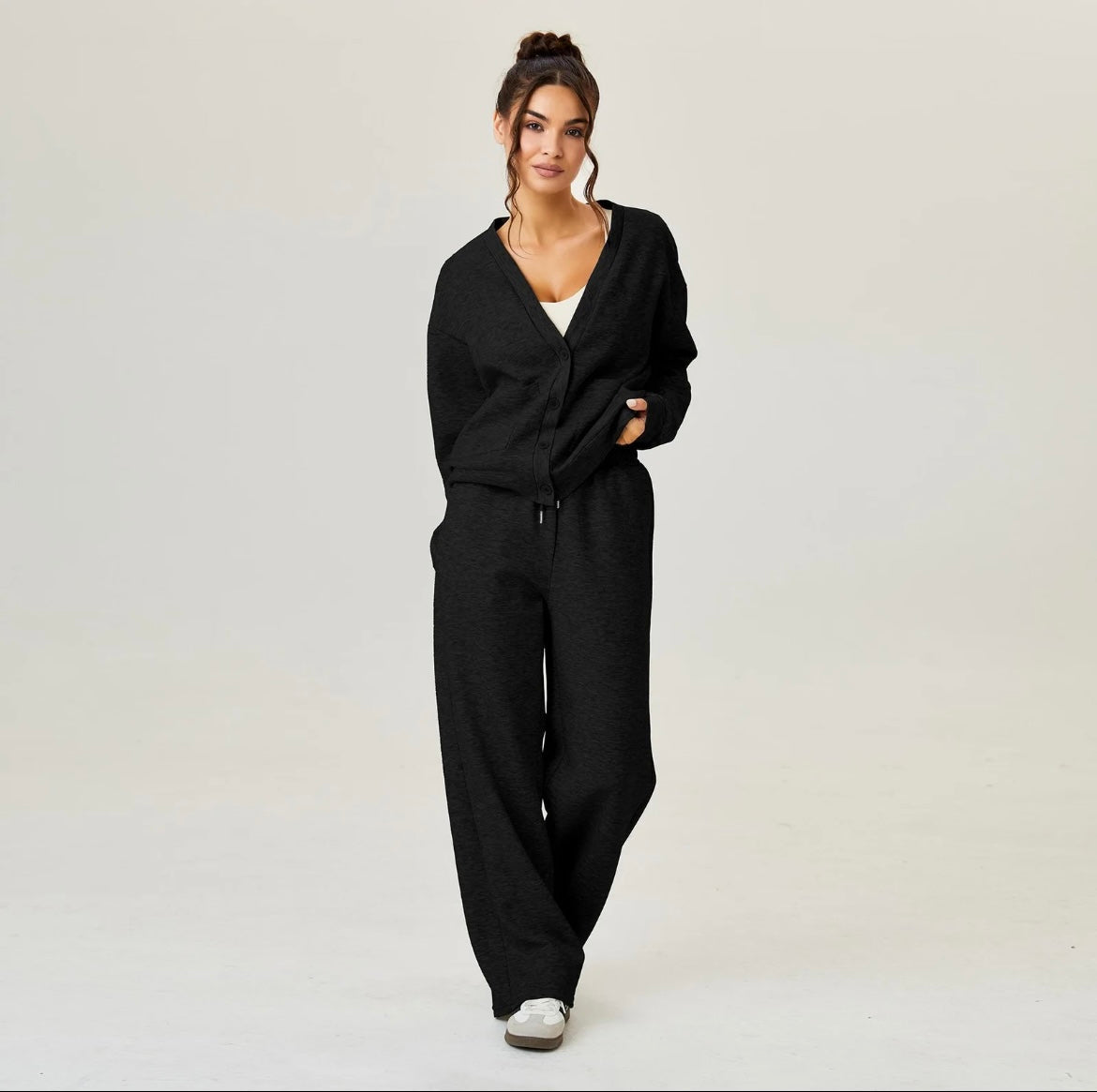 Slouchy V-Neck Cardigan & Drawstring Wide-Leg – Soft Lounge Co-ord