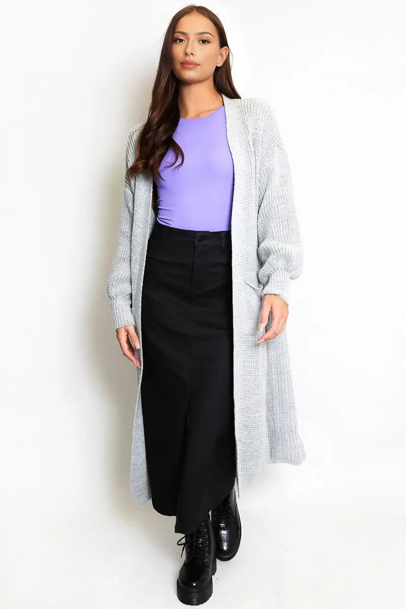 Puff-Sleeve Knit Cardigan – Open Front, Side Pockets