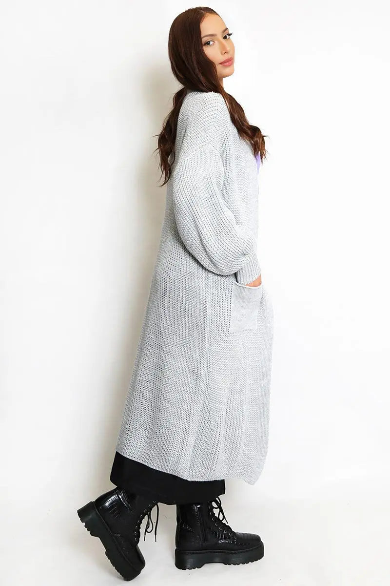 Puff-Sleeve Knit Cardigan – Open Front, Side Pockets