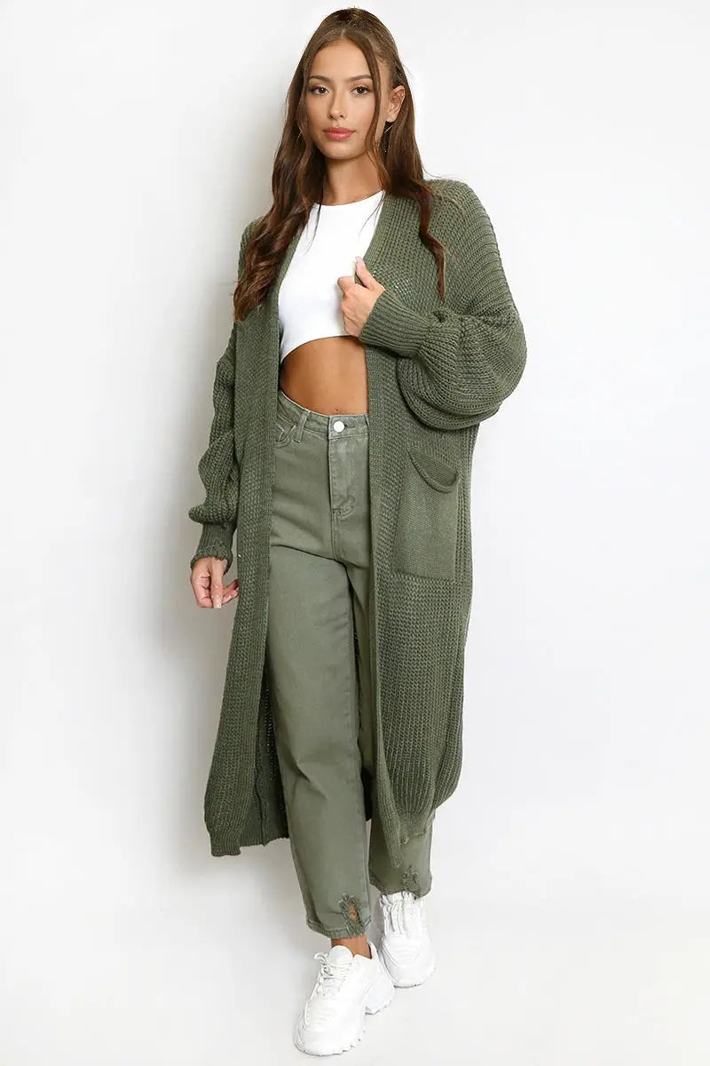 Puff-Sleeve Knit Cardigan – Open Front, Side Pockets