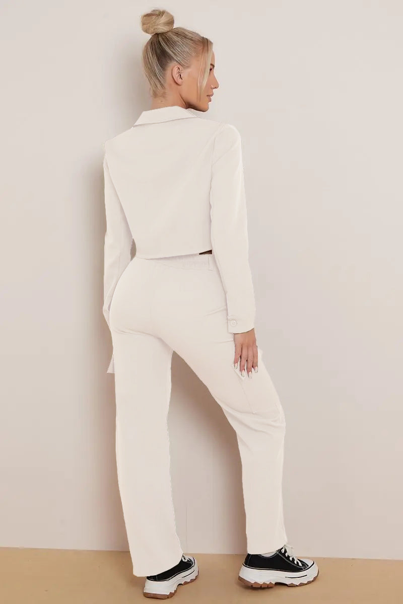 Lapel-Zip Crop Top & Cargo Trousers Set – 2-Piece Co-ord