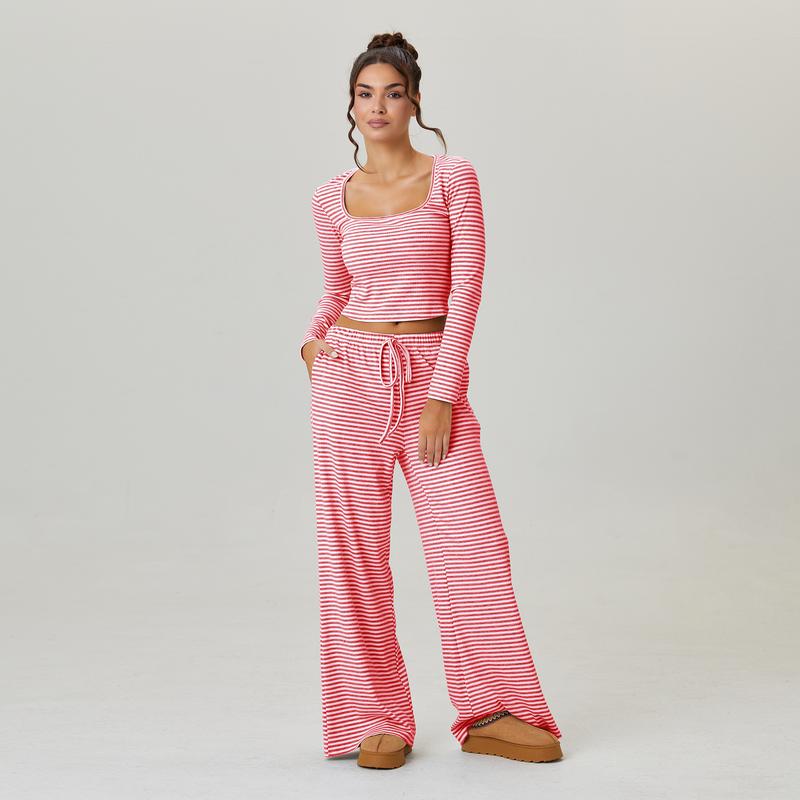 Two-Piece Stripe Set – Square-Neck Crop & Drawstring Wide-Leg Pants
