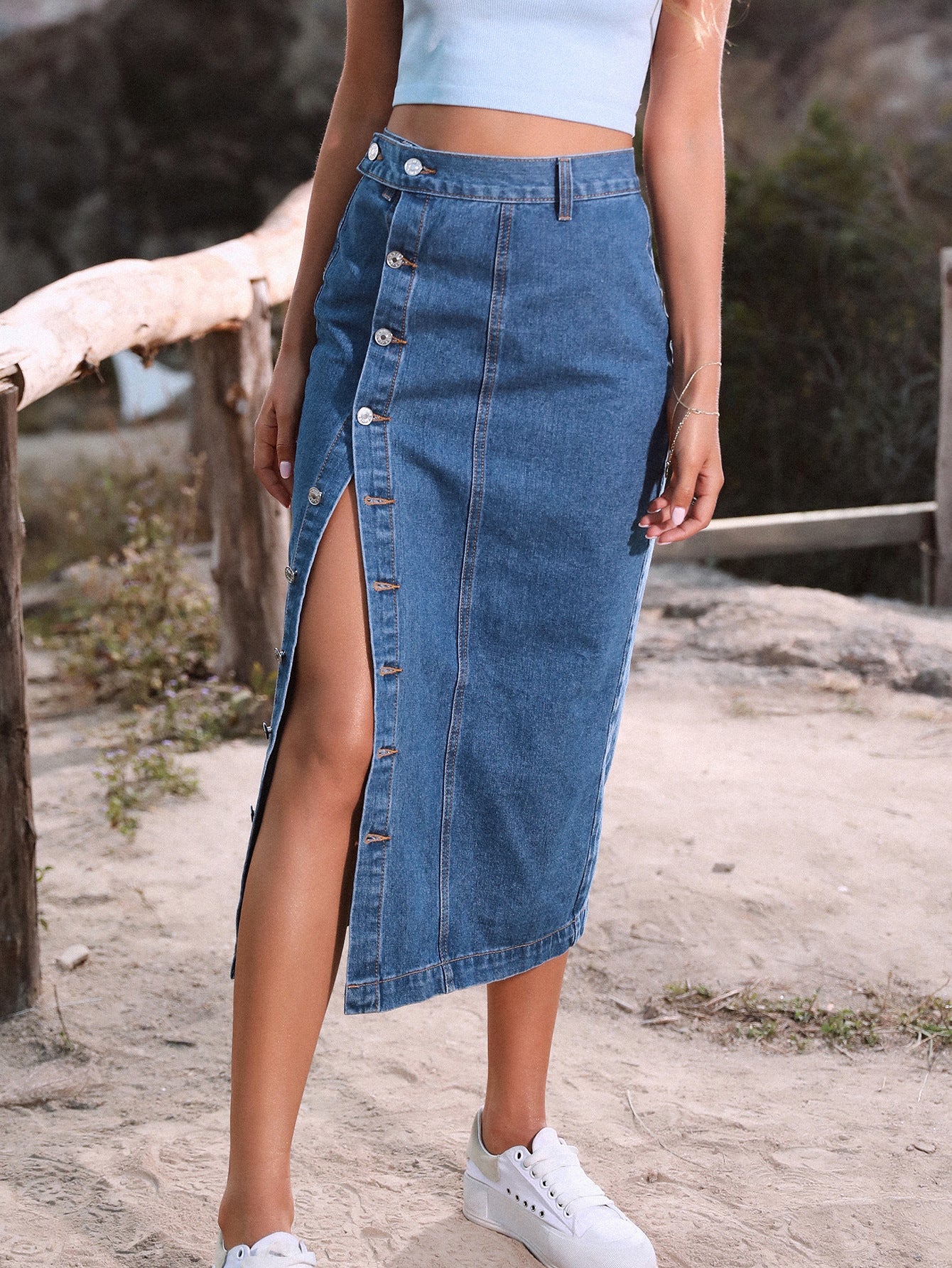 Mid-Slit Button Denim Skirt – Sculpted, Confident, Iconic