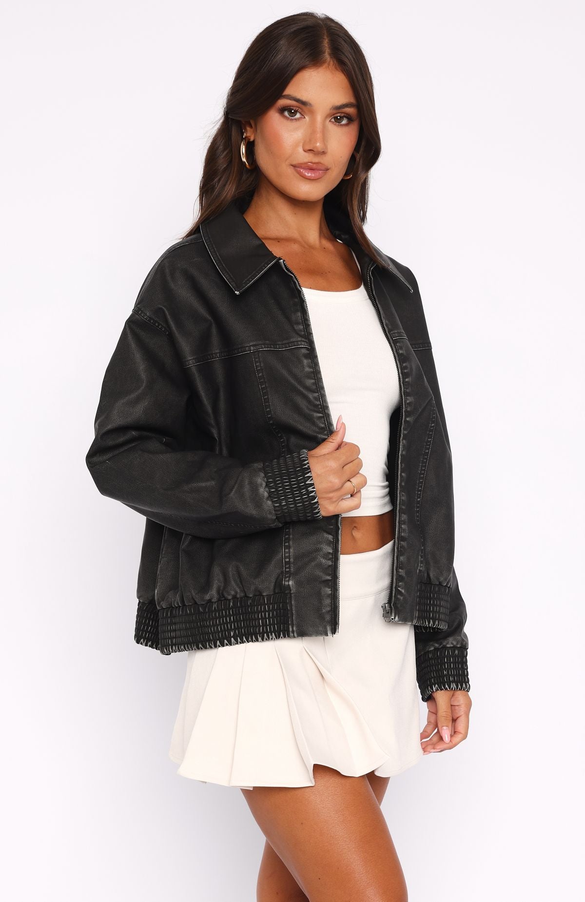 Make Things Right PU Bomber Jacket Washed Black