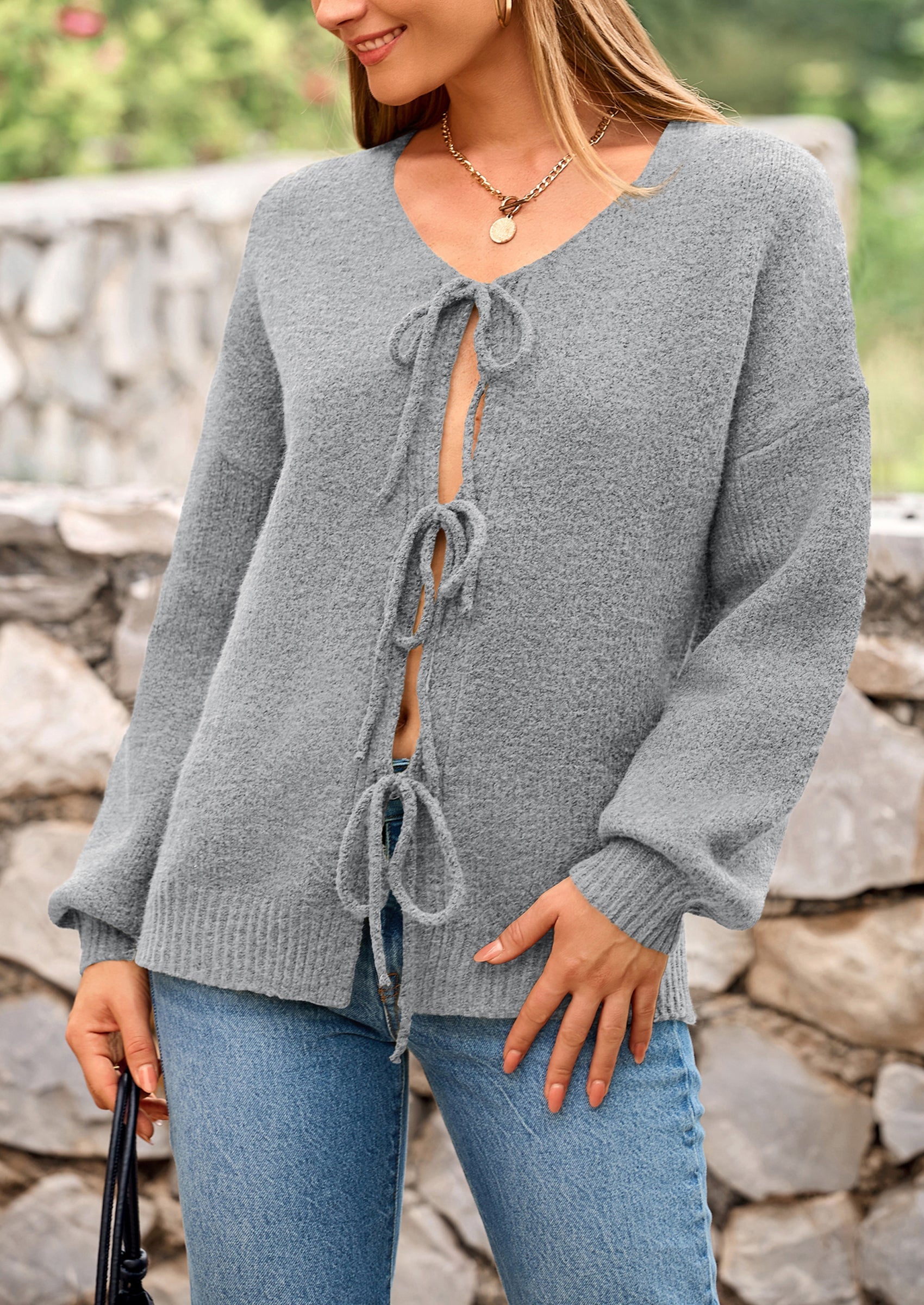 Tie-Front Bow Cardigan β Chunky Knit & Puff Sleeves