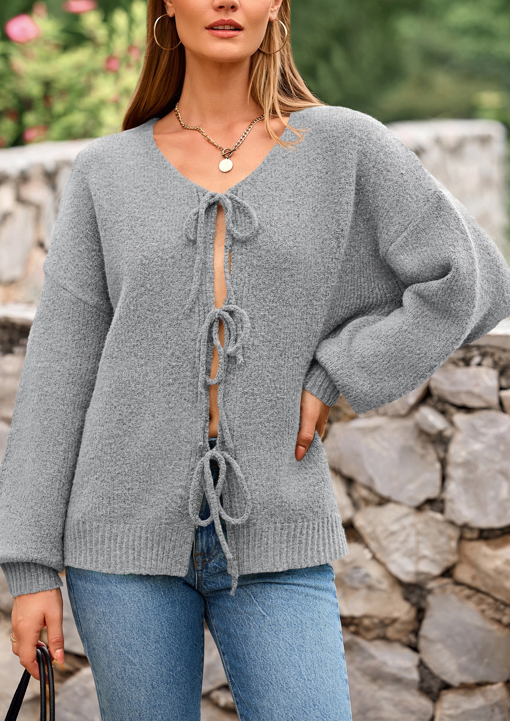 Tie-Front Bow Cardigan β Chunky Knit & Puff Sleeves
