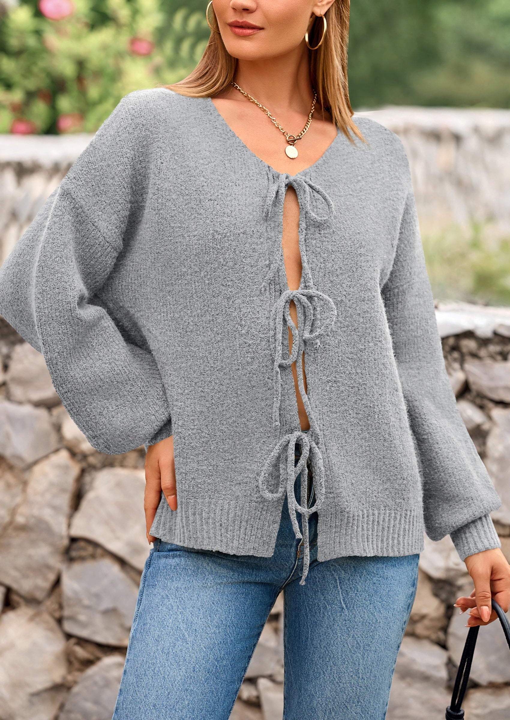 Tie-Front Bow Cardigan β Chunky Knit & Puff Sleeves