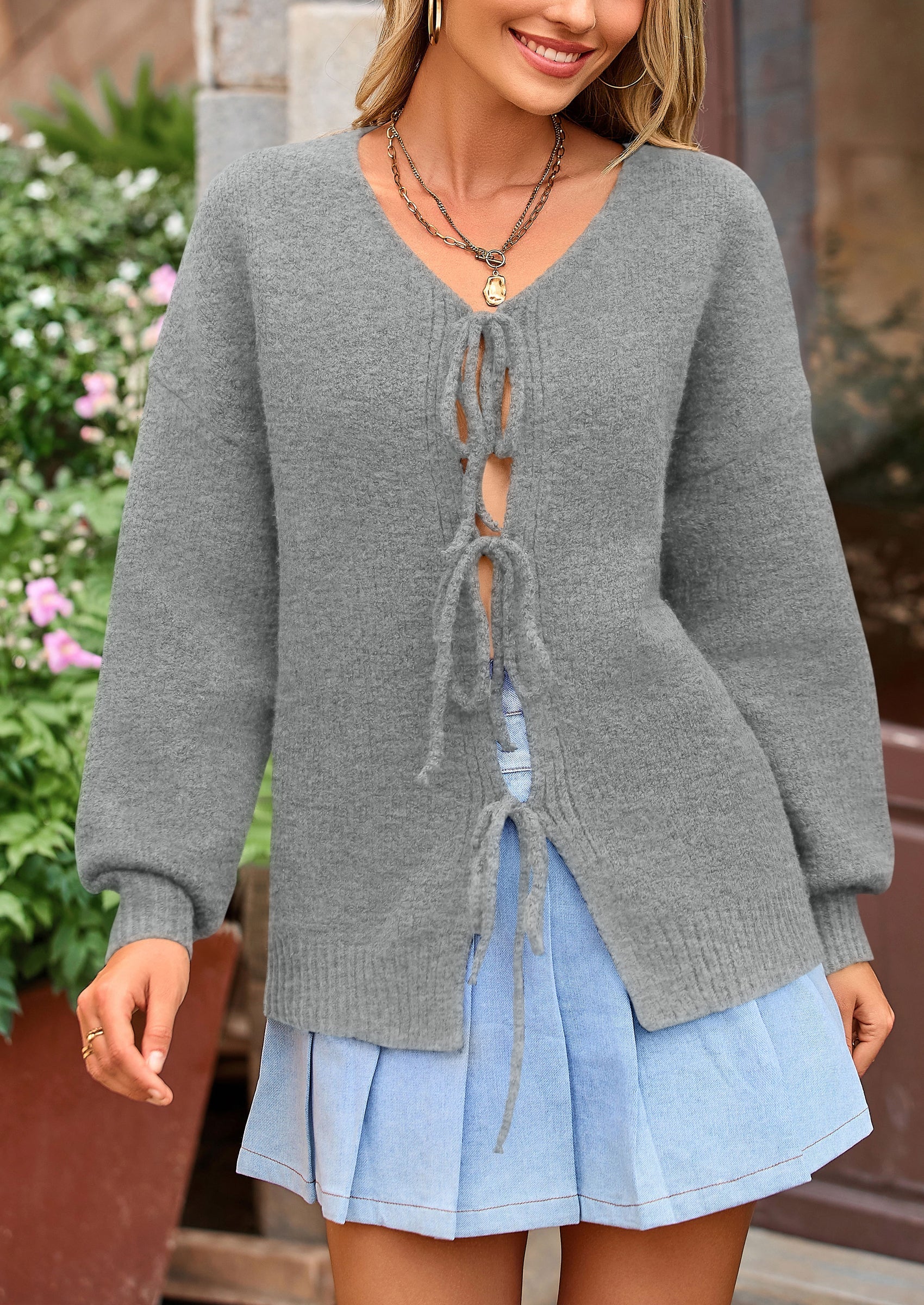 Tie-Front Bow Cardigan β Chunky Knit & Puff Sleeves